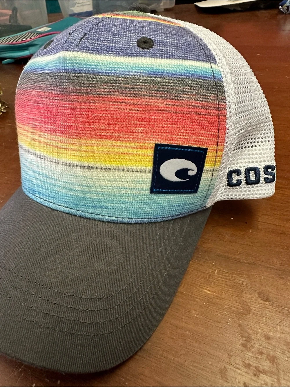 Costa Kids Rainbow Stripe Trucker Hat with Gray Bill and White Mesh